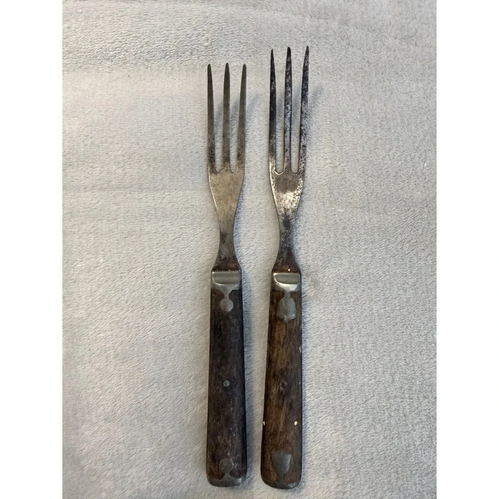 Pair Vintage 3 Tine Carving Serving Forks Wood Handle Rustic Kitchen Decor